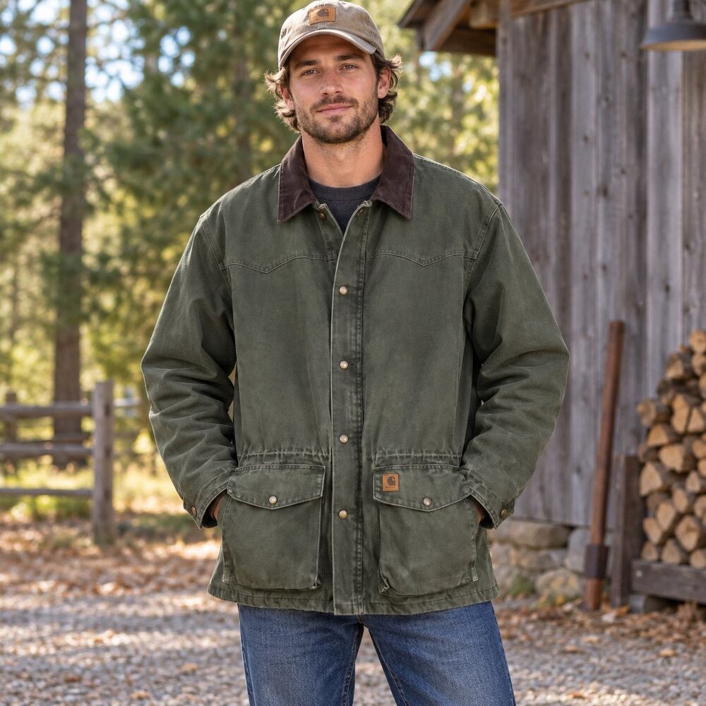 Carhartt Mens 2XL Green Chore Coat Corduroy Collar Work Jacket C52 MOS Vintage